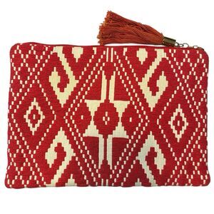 Kookai Red White Geometric Cotton‎ Clutch Bag Boho Tribal Pattern Zip Pouch